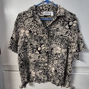 CHICO’S DESIGN Hawaiian Shirt Women’s Size Small Black And Tan Floral Foliage